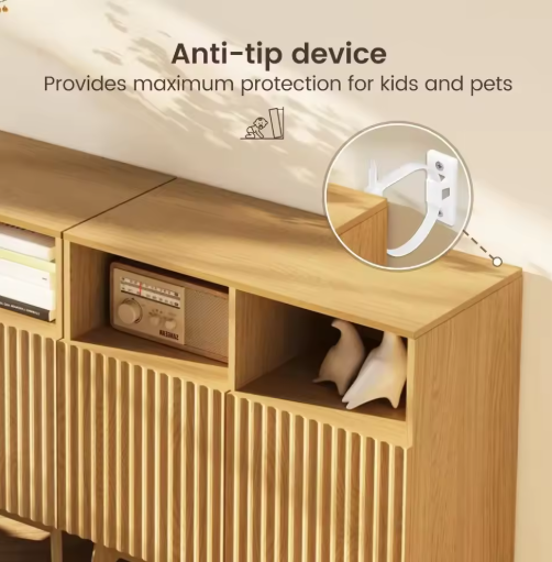 Fluted Storage Cabinet Oak, Modern Buffet Sideboard with Storage, Accent Cabinet with Solid Wood Legs, Console Table with