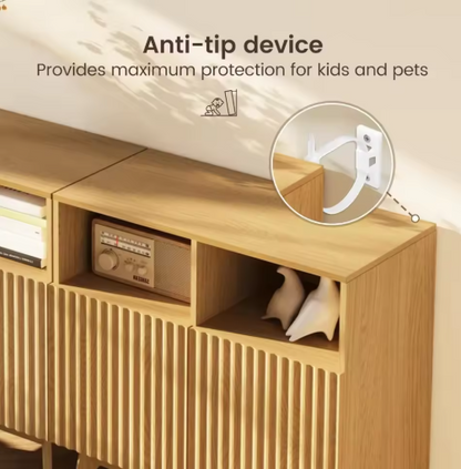 Fluted Storage Cabinet Oak, Modern Buffet Sideboard with Storage, Accent Cabinet with Solid Wood Legs, Console Table with