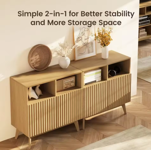 Fluted Storage Cabinet Oak, Modern Buffet Sideboard with Storage, Accent Cabinet with Solid Wood Legs, Console Table with