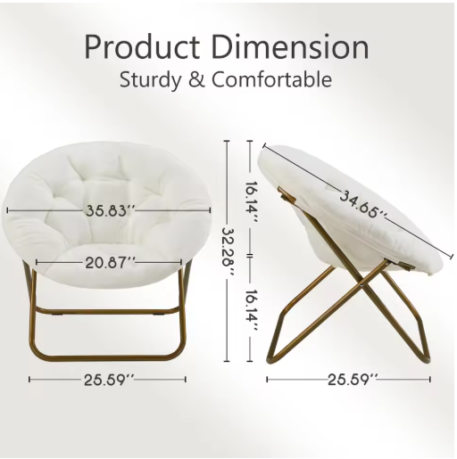 JHK Cozy Saucer Chairs Faux Fur For Living Room Folding Thick Padded Seat Metal Frame X-Large Reading Lounge Furniture