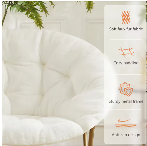 JHK Cozy Saucer Chairs Faux Fur For Living Room Folding Thick Padded Seat Metal Frame X-Large Reading Lounge Furniture