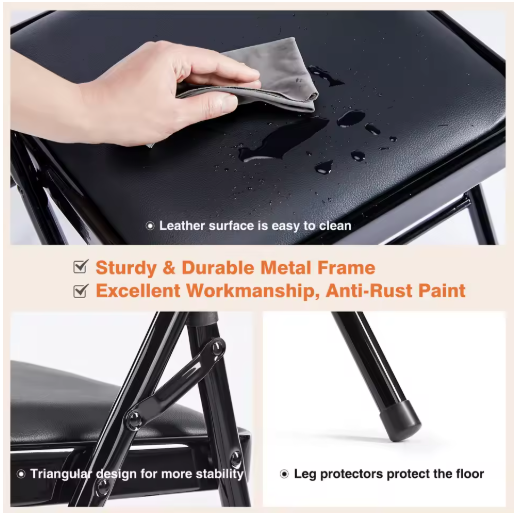 JHK Leather Padded Folding Living Room Chairs 2 Pack Sturdy Metal Foldable Chair Easy to Use and Storage Outdoor for Home Office