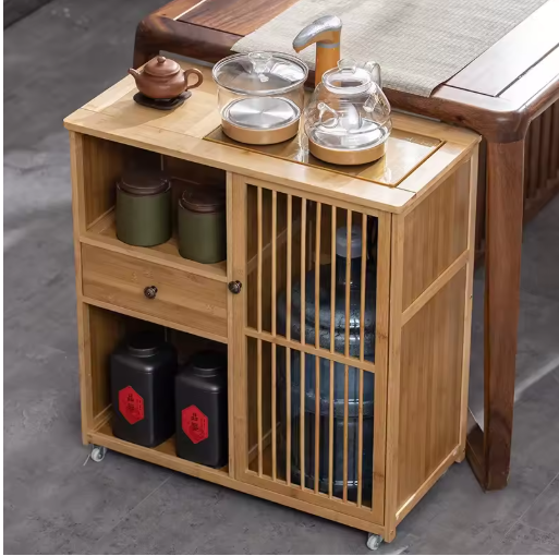 Mobile Tea Table for Balcony – Solid Wood Small Tea Table with Tea Rack Cabinet and Boiling Water Feature