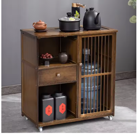 Mobile Tea Table for Balcony – Solid Wood Small Tea Table with Tea Rack Cabinet and Boiling Water Feature