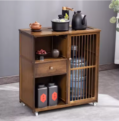 Mobile Tea Table for Balcony – Solid Wood Small Tea Table with Tea Rack Cabinet and Boiling Water Feature