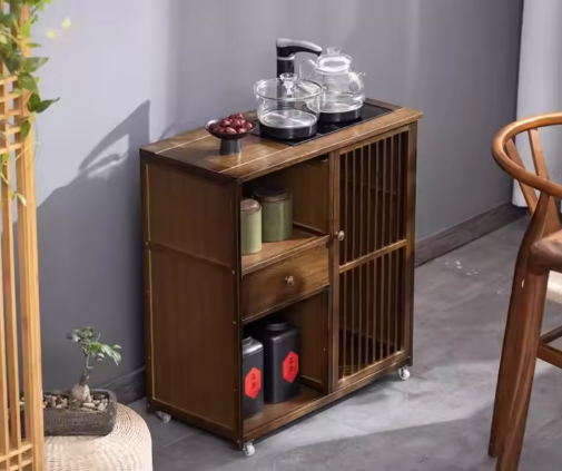 Mobile Tea Table for Balcony – Solid Wood Small Tea Table with Tea Rack Cabinet and Boiling Water Feature