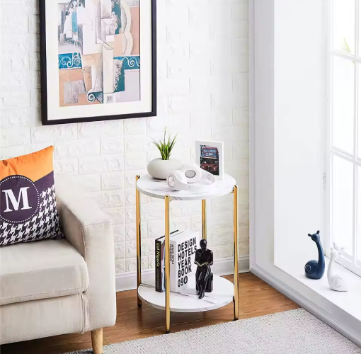 LUVODI 2-Tier Round Coffee End Tables Sofa Side Table Plant Stand with Storage Shelf Metal Frame for Living Room Bedroom