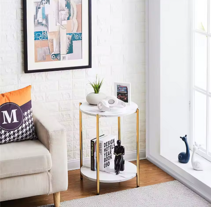 LUVODI 2-Tier Round Coffee End Tables Sofa Side Table Plant Stand with Storage Shelf Metal Frame for Living Room Bedroom