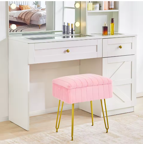 Redlife Vanity Stool Chair with Storage Faux Fur Makeup Ottoman, Dresser Furniture with Gold Metal Legs for Bedroom & Livingroom