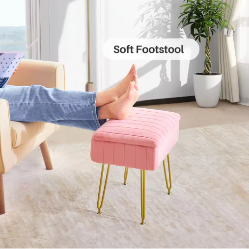 Redlife Vanity Stool Chair with Storage Faux Fur Makeup Ottoman, Dresser Furniture with Gold Metal Legs for Bedroom & Livingroom