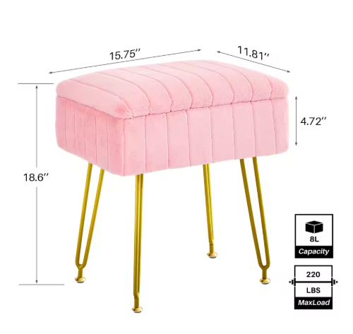 Redlife Vanity Stool Chair with Storage Faux Fur Makeup Ottoman, Dresser Furniture with Gold Metal Legs for Bedroom & Livingroom