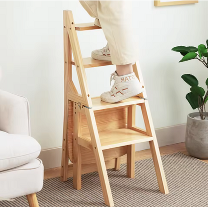 4 Tier Convertible Wood Ladder Multi-Function Folding Step Stool Anti-Slip Climbing Ladder Chair for Indoor Living Room Bedroom