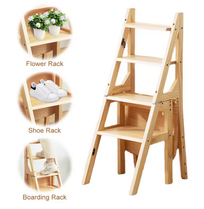 4 Tier Convertible Wood Ladder Multi-Function Folding Step Stool Anti-Slip Climbing Ladder Chair for Indoor Living Room Bedroom