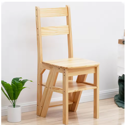 4 Tier Convertible Wood Ladder Multi-Function Folding Step Stool Anti-Slip Climbing Ladder Chair for Indoor Living Room Bedroom