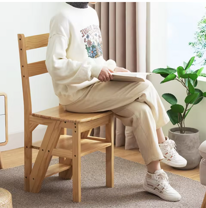 4 Tier Convertible Wood Ladder Multi-Function Folding Step Stool Anti-Slip Climbing Ladder Chair for Indoor Living Room Bedroom