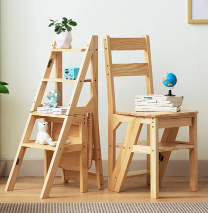 4 Tier Convertible Wood Ladder Multi-Function Folding Step Stool Anti-Slip Climbing Ladder Chair for Indoor Living Room Bedroom