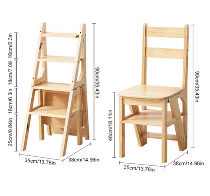 4 Tier Convertible Wood Ladder Multi-Function Folding Step Stool Anti-Slip Climbing Ladder Chair for Indoor Living Room Bedroom