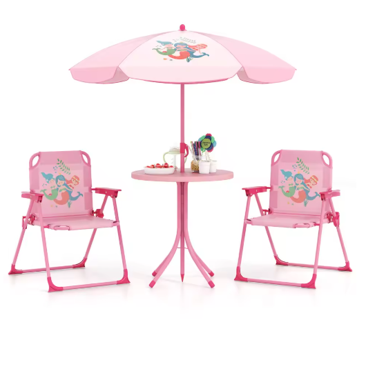 Kids Picnic Table & Chair Set with 2 Folding Chairs & Height Adjustable Umbrella