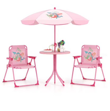 Kids Picnic Table & Chair Set with 2 Folding Chairs & Height Adjustable Umbrella