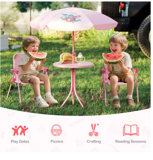Kids Picnic Table & Chair Set with 2 Folding Chairs & Height Adjustable Umbrella