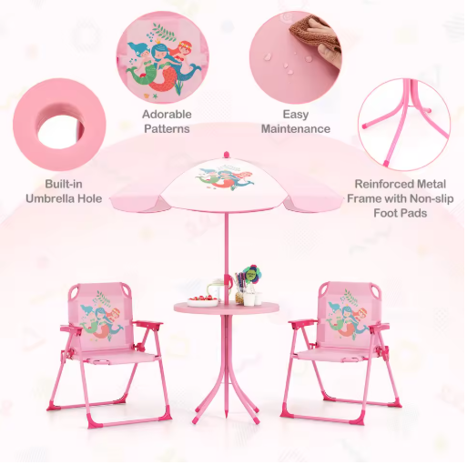 Kids Picnic Table & Chair Set with 2 Folding Chairs & Height Adjustable Umbrella