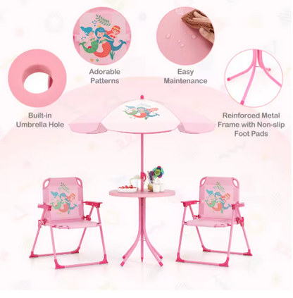 Kids Picnic Table & Chair Set with 2 Folding Chairs & Height Adjustable Umbrella