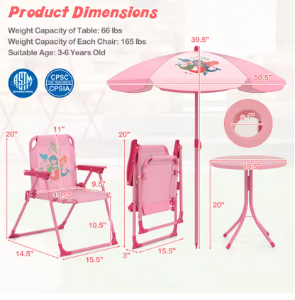 Kids Picnic Table & Chair Set with 2 Folding Chairs & Height Adjustable Umbrella