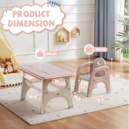 Kids Table and Chair Set, Plastic Children Activity Table with 2 Chairs, Toddler Table and Chair Set for Reading, Drawing