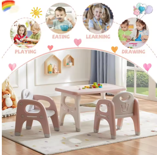 Kids Table and Chair Set, Plastic Children Activity Table with 2 Chairs, Toddler Table and Chair Set for Reading, Drawing