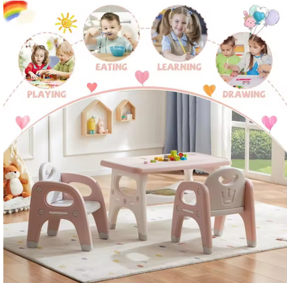 Kids Table and Chair Set, Plastic Children Activity Table with 2 Chairs, Toddler Table and Chair Set for Reading, Drawing