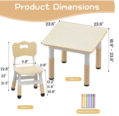 Kids Table and Chair Set, 3 Piece Toddler Furniture Set w/ Graffiti Desktop Watercolor Pens for Children Activity Room Preschool