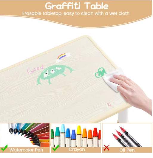 Kids Table and Chair Set, 3 Piece Toddler Furniture Set w/ Graffiti Desktop Watercolor Pens for Children Activity Room Preschool