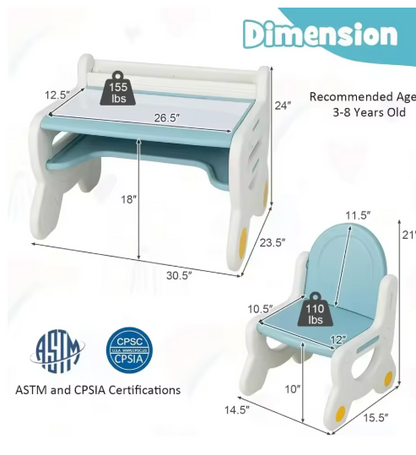 Kids Table and Chair Set, Plastic Children Activity Table with Chair, Toddler Table and Chair Set for Reading,Drawing,Snack Time