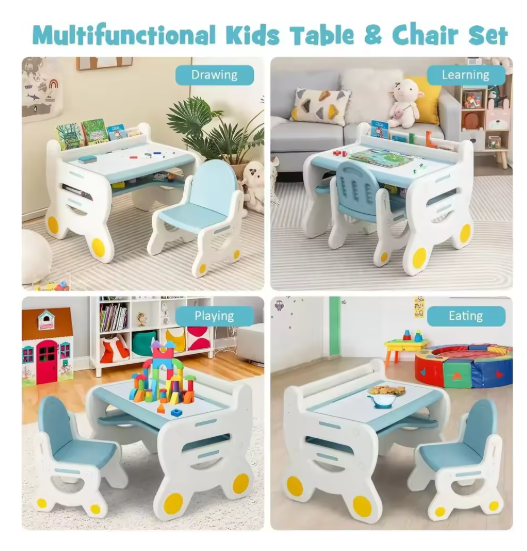 Kids Table and Chair Set, Plastic Children Activity Table with Chair, Toddler Table and Chair Set for Reading,Drawing,Snack Time