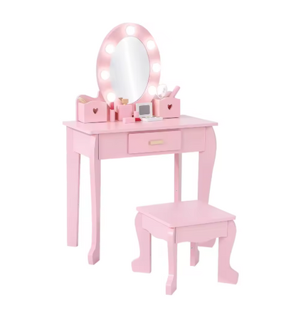 Girls' Vanity Table and Chair Set, Kids Makeup Dressing Table with Lights & Wood Makeup Playset, Kids Vanity Set with Mirror & D