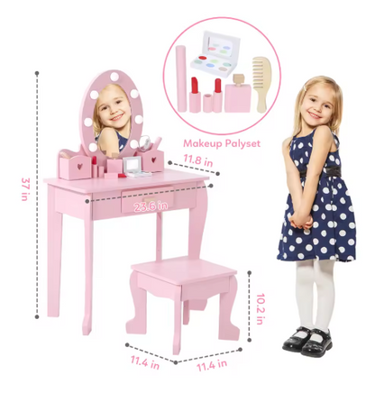 Girls' Vanity Table and Chair Set, Kids Makeup Dressing Table with Lights & Wood Makeup Playset, Kids Vanity Set with Mirror & D