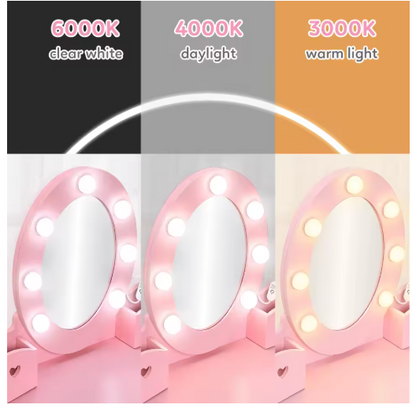 Girls' Vanity Table and Chair Set, Kids Makeup Dressing Table with Lights & Wood Makeup Playset, Kids Vanity Set with Mirror & D