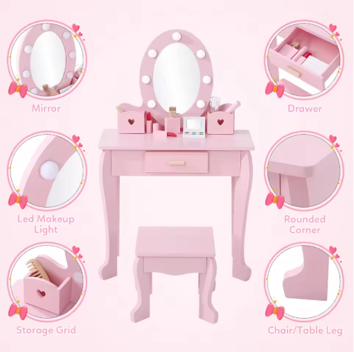 Girls' Vanity Table and Chair Set, Kids Makeup Dressing Table with Lights & Wood Makeup Playset, Kids Vanity Set with Mirror & D