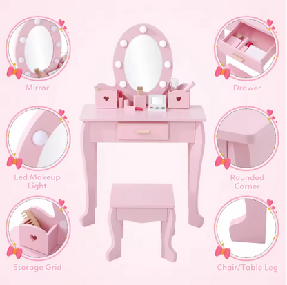 Girls' Vanity Table and Chair Set, Kids Makeup Dressing Table with Lights & Wood Makeup Playset, Kids Vanity Set with Mirror & D