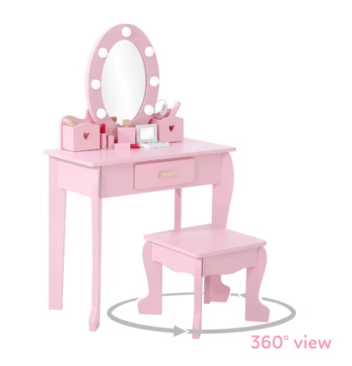 Girls' Vanity Table and Chair Set, Kids Makeup Dressing Table with Lights & Wood Makeup Playset, Kids Vanity Set with Mirror & D