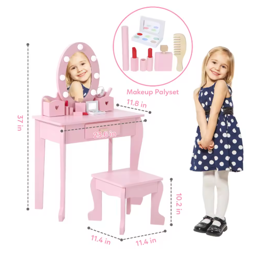 Girls' Vanity Table and Chair Set, Kids Makeup Dressing Table with Lights & Wood Makeup Playset, Kids Vanity Set with Mirror & D