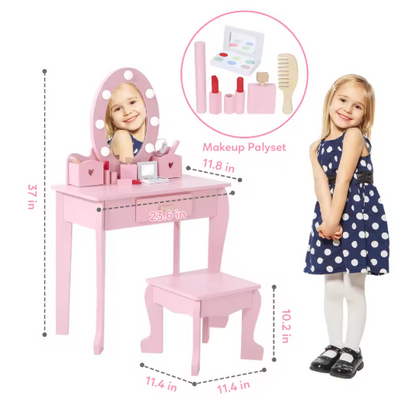 Girls' Vanity Table and Chair Set, Kids Makeup Dressing Table with Lights & Wood Makeup Playset, Kids Vanity Set with Mirror & D