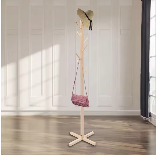8-Hook Solid Wood Coat Rack - Free Standing Storage Stand for Hats, Bags, and Umbrellas