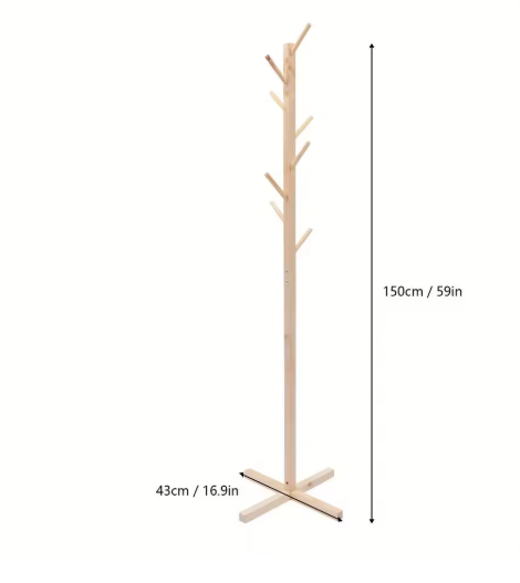 8-Hook Solid Wood Coat Rack - Free Standing Storage Stand for Hats, Bags, and Umbrellas