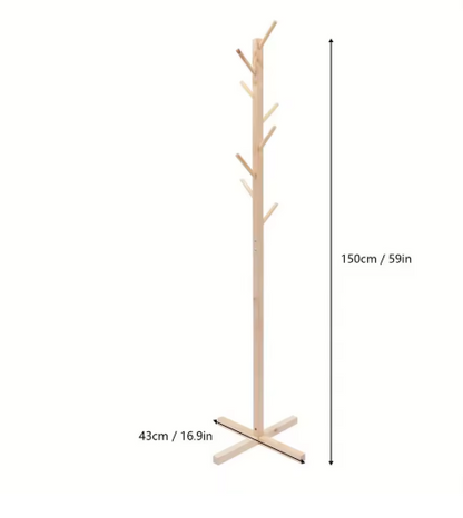 8-Hook Solid Wood Coat Rack - Free Standing Storage Stand for Hats, Bags, and Umbrellas