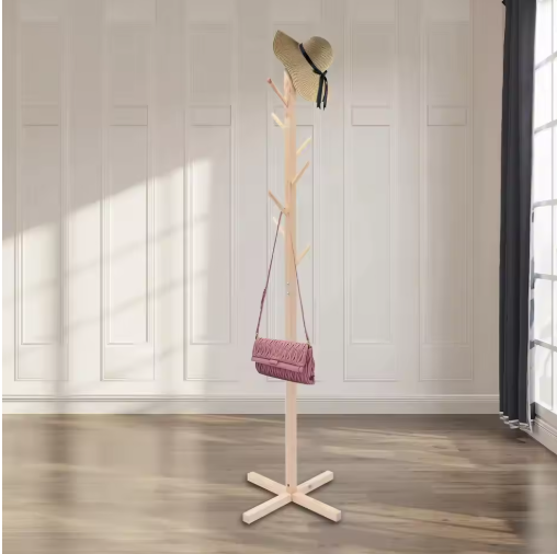 8-Hook Solid Wood Coat Rack - Free Standing Storage Stand for Hats, Bags, and Umbrellas