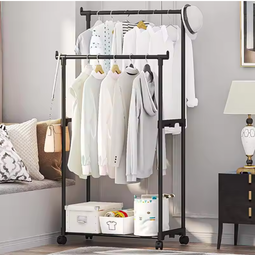 Double-Rod Clothes Rack Clothes Rack With Hooks Hanging Clothe Organizer For Bedroom Movable Bedroom Clothing Hanger With Wheels