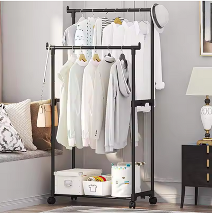 Double-Rod Clothes Rack Clothes Rack With Hooks Hanging Clothe Organizer For Bedroom Movable Bedroom Clothing Hanger With Wheels
