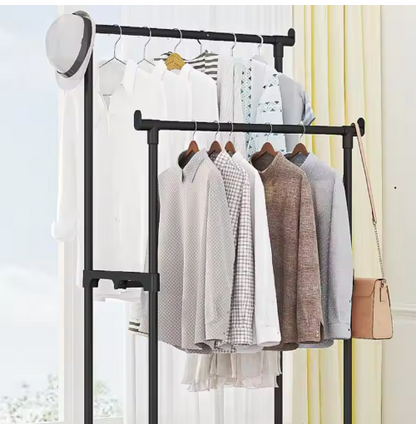 Double-Rod Clothes Rack Clothes Rack With Hooks Hanging Clothe Organizer For Bedroom Movable Bedroom Clothing Hanger With Wheels