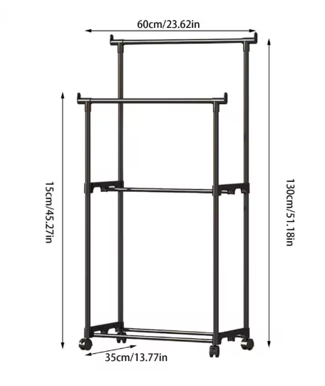 Double-Rod Clothes Rack Clothes Rack With Hooks Hanging Clothe Organizer For Bedroom Movable Bedroom Clothing Hanger With Wheels